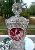 Vintage Hofbauer "Byrdes" Ruby Red Cut To Crystal Pedestal Candy Dish With Lid Bird w Fern Etching Starburst Design 9" tall