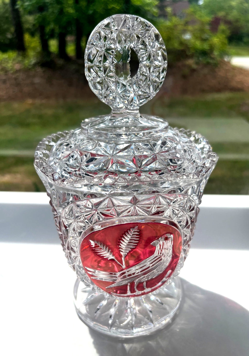 Vintage Hofbauer "Byrdes" Ruby Red Cut To Crystal Pedestal Candy Dish With Lid Bird w Fern Etching Starburst Design 9" tall