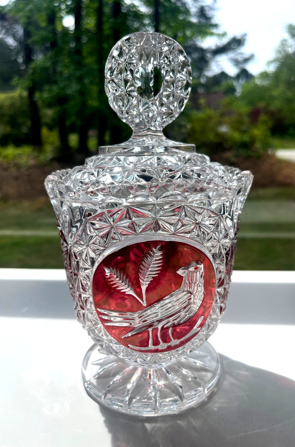 Vintage Hofbauer "Byrdes" Ruby Red Cut To Crystal Pedestal Candy Dish With Lid Bird w Fern Etching Starburst Design 9" tall