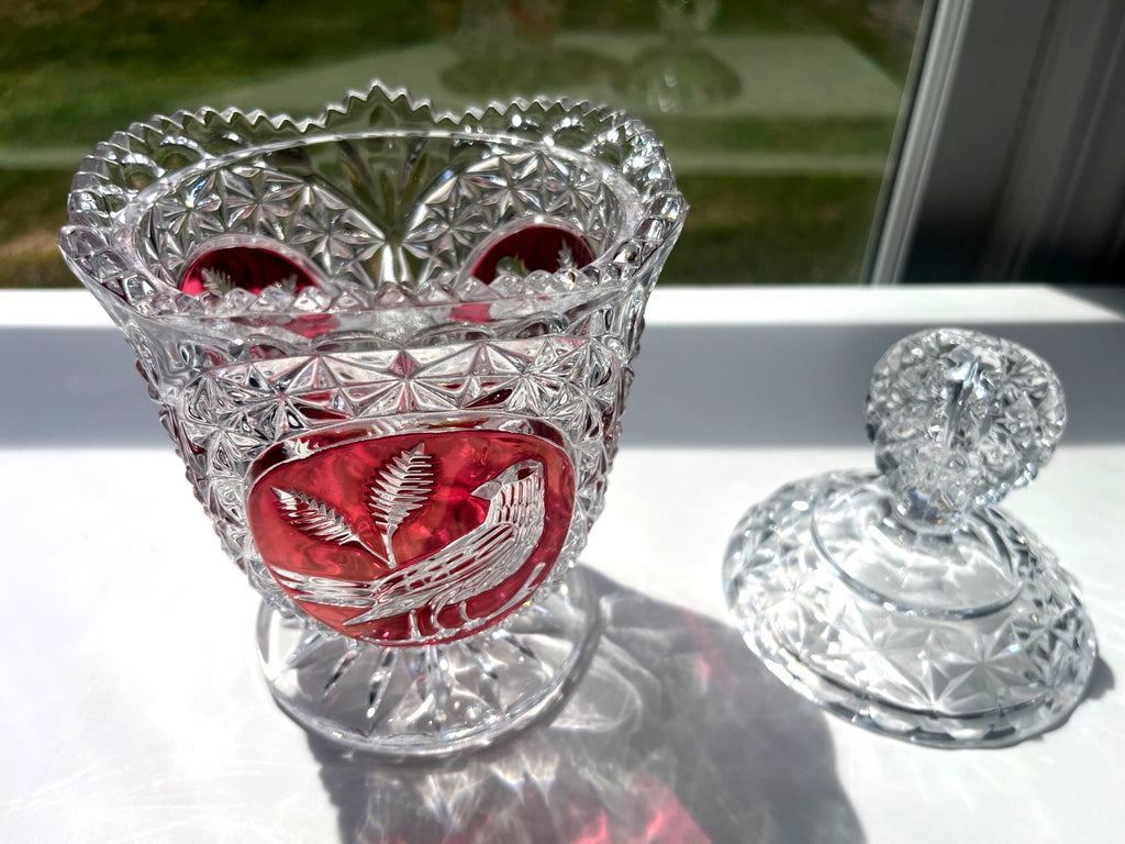 Vintage Hofbauer "Byrdes" Ruby Red Cut To Crystal Pedestal Candy Dish With Lid Bird w Fern Etching Starburst Design 9" tall