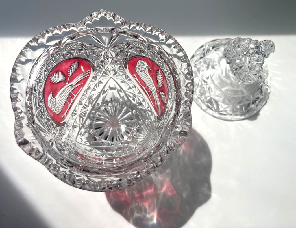 Vintage Hofbauer "Byrdes" Ruby Red Cut To Crystal Pedestal Candy Dish With Lid Bird w Fern Etching Starburst Design 9" tall