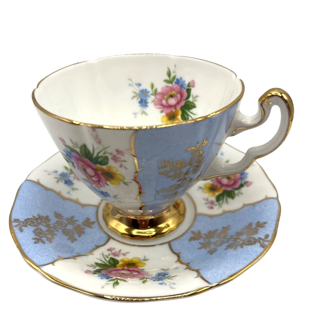 Vintage Royal Adderley Fine Bone China est. 1789 Blue White Tea Cup & Saucer Pink Roses Gold Trim