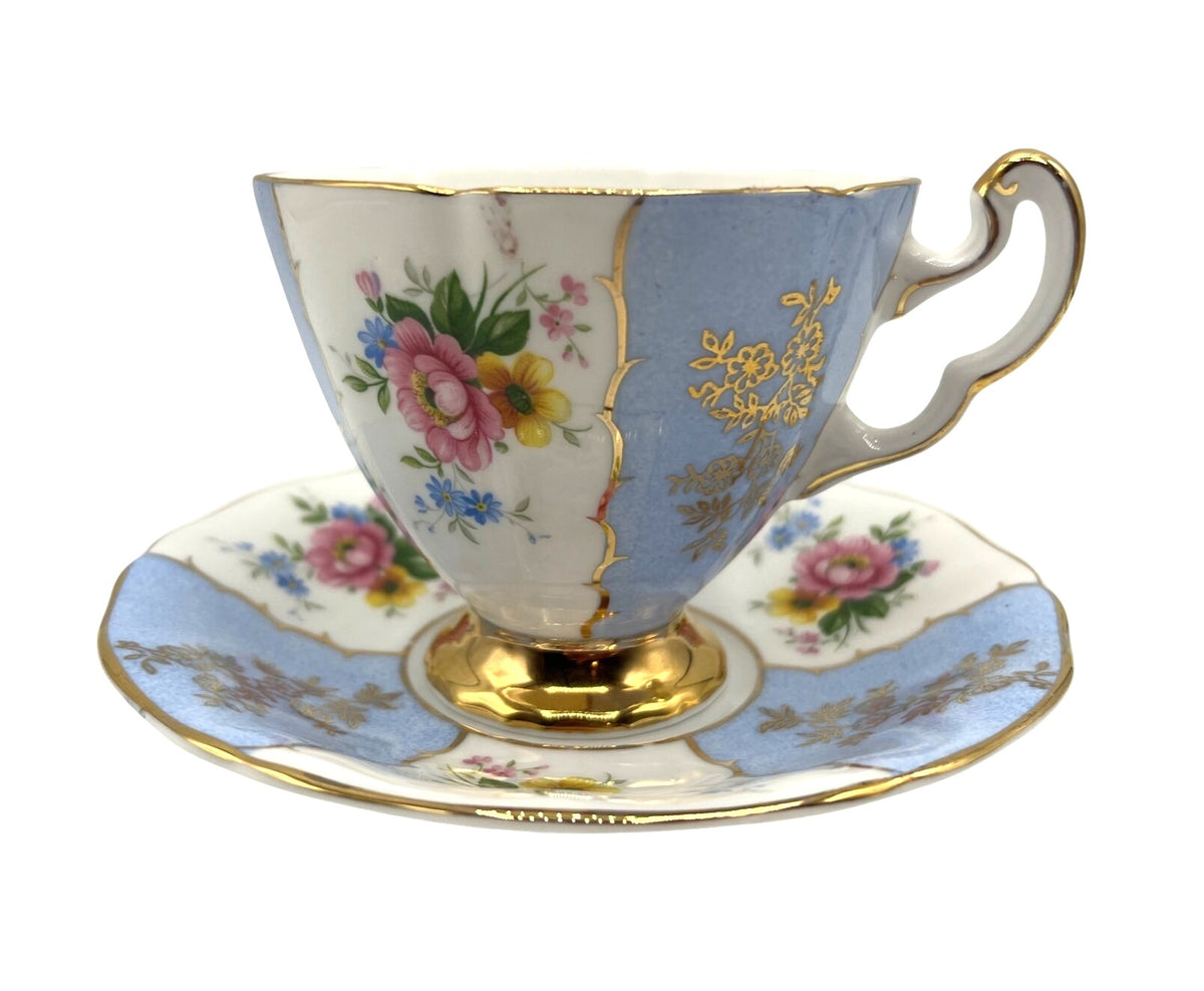 Vintage Royal Adderley Fine Bone China est. 1789 Blue White Tea Cup & Saucer Pink Roses Gold Trim