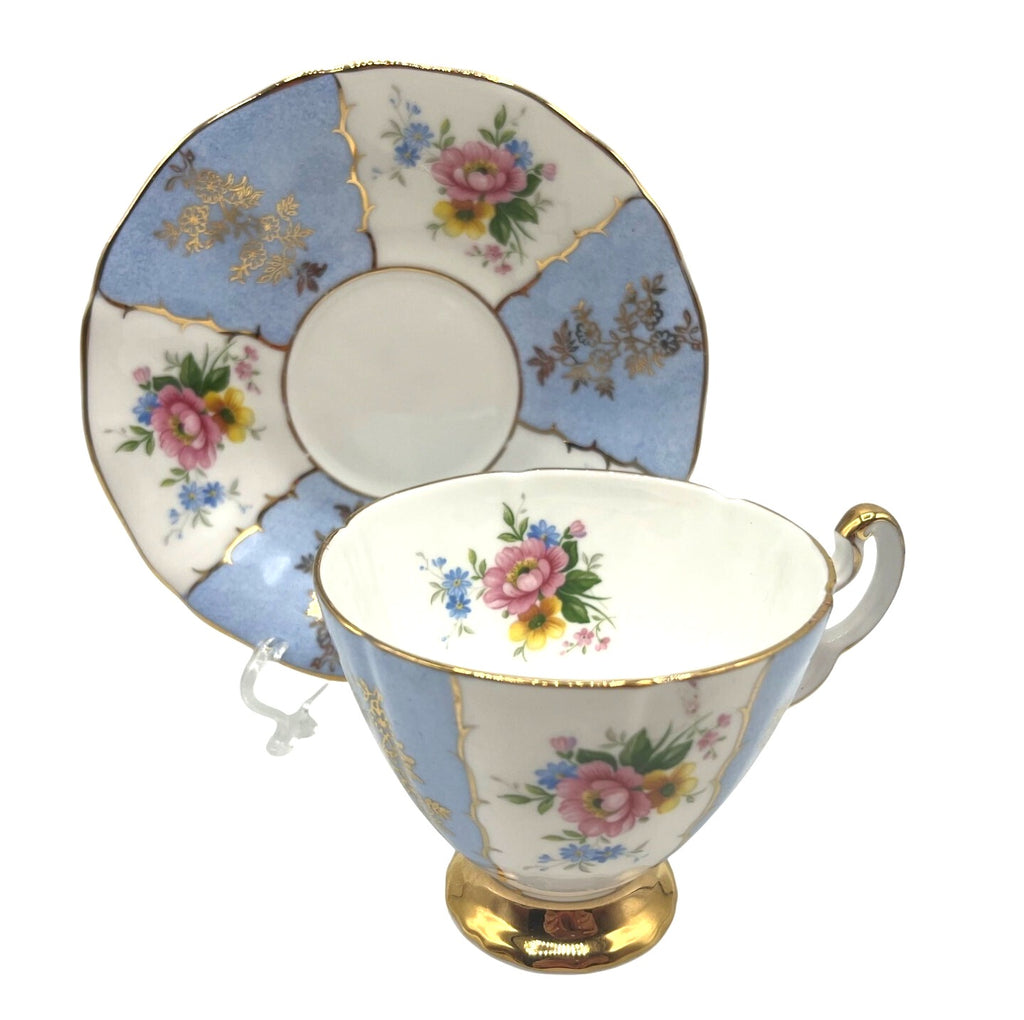 Vintage Royal Adderley Fine Bone China est. 1789 Blue White Tea Cup & Saucer Pink Roses Gold Trim