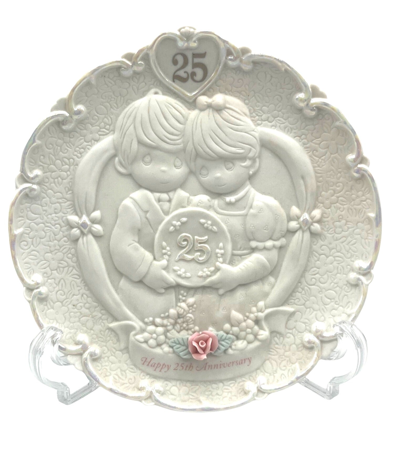 Precious Moments 25th Anniversary Porcelain Plate With Floral Accents & Heart Design