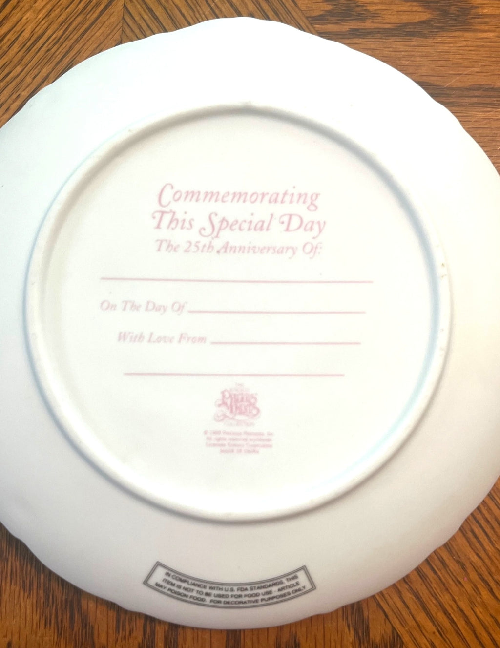Precious Moments 25th Anniversary Porcelain Plate With Floral Accents & Heart Design