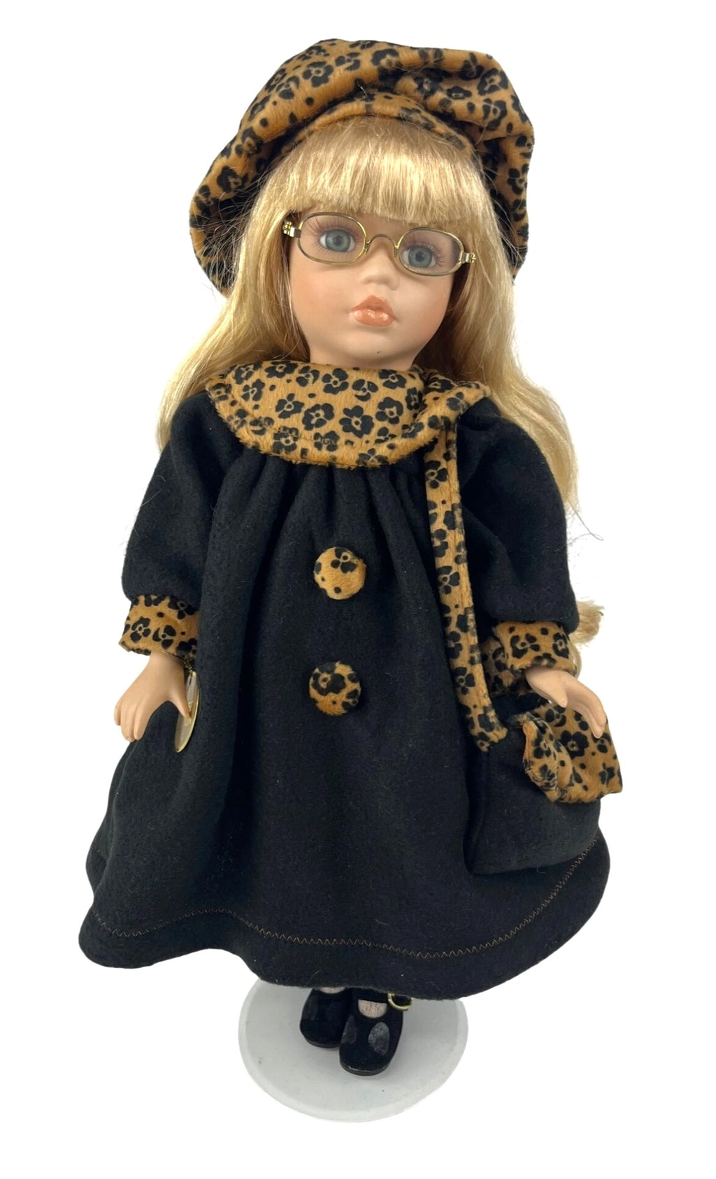 Limited Edition Porcelain Blonde Doll With Glasses & Leopard Accents In Black Dress With Hat & Bag 16" tall