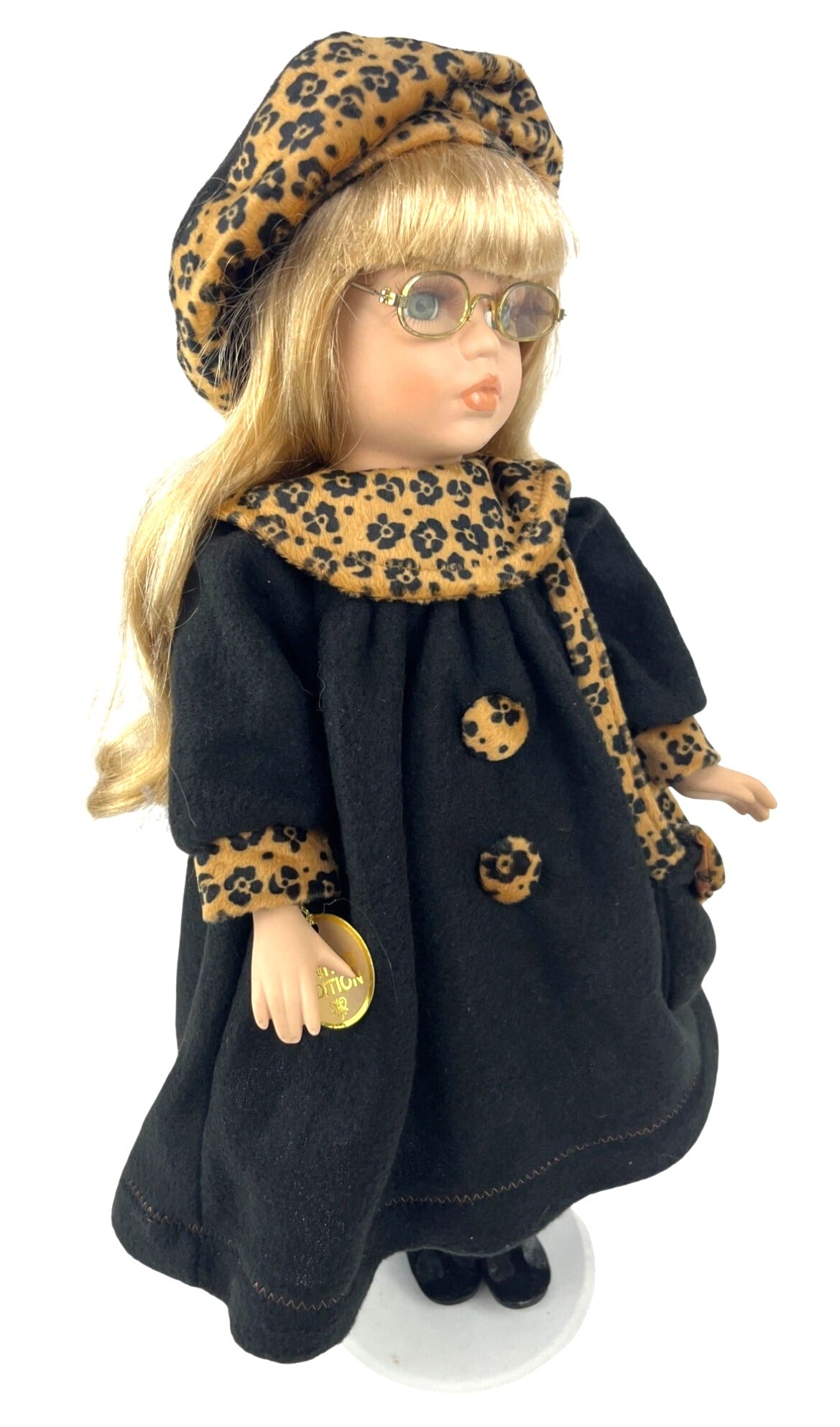Limited Edition Porcelain Blonde Doll With Glasses & Leopard Accents In Black Dress With Hat & Bag 16" tall