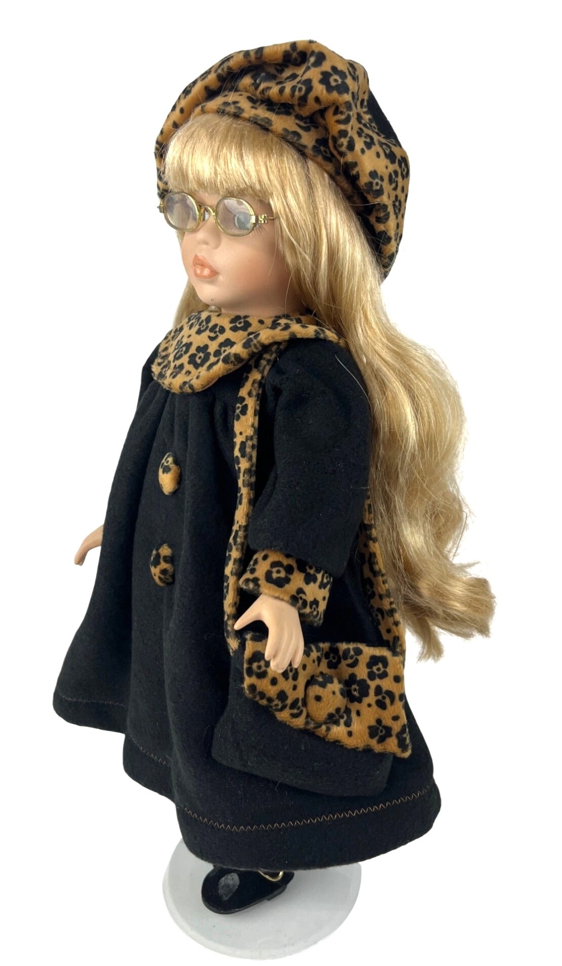 Limited Edition Porcelain Blonde Doll With Glasses & Leopard Accents In Black Dress With Hat & Bag 16" tall
