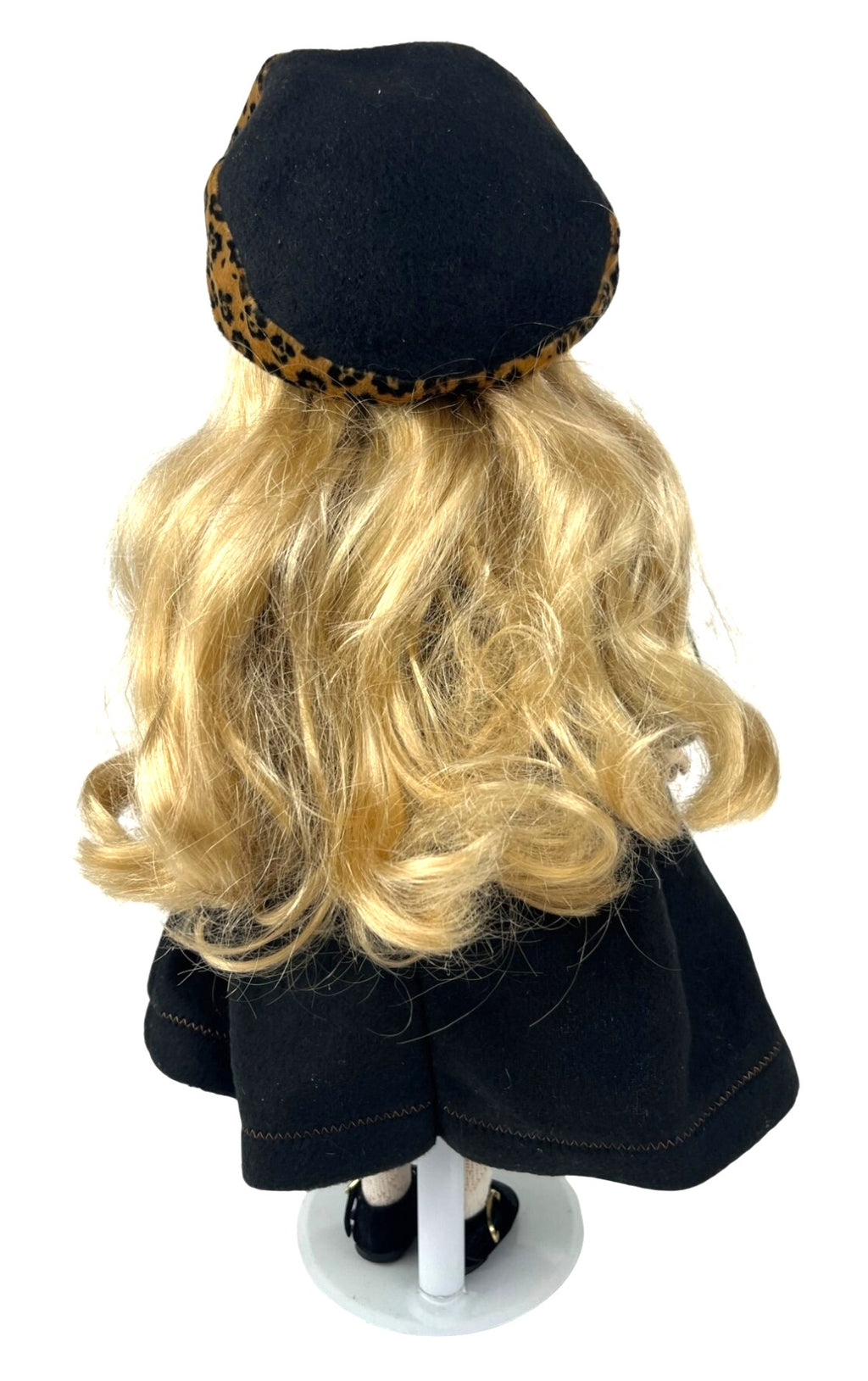 Limited Edition Porcelain Blonde Doll With Glasses & Leopard Accents In Black Dress With Hat & Bag 16" tall