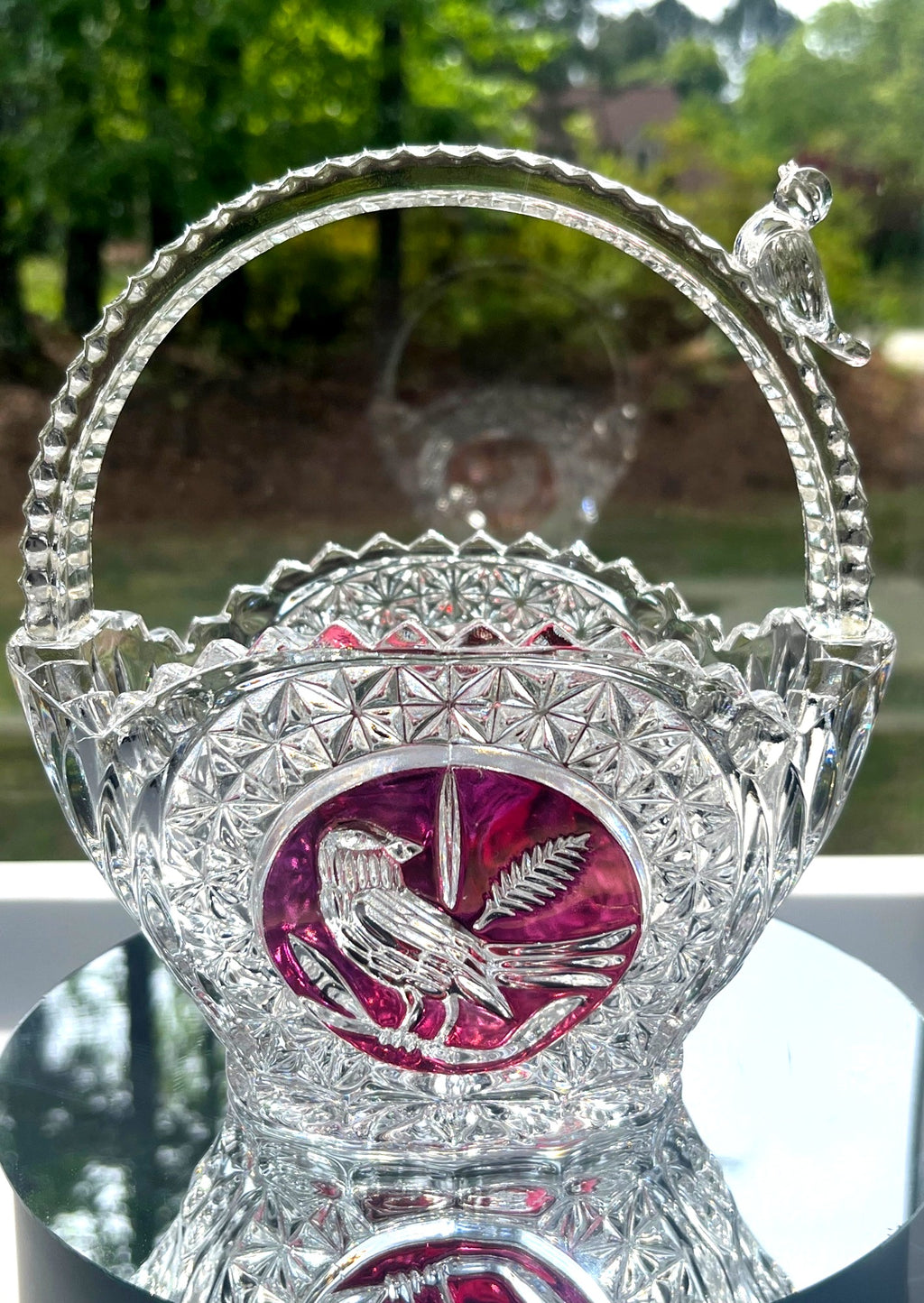 Hofbauer "Byrdes" Lead Crystal Basket Cut to Clear Ruby Red Bird Motif  w Crystal Bird on  Handle 6.5' high
