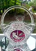 Hofbauer "Byrdes" Lead Crystal Basket Cut to Clear Ruby Red Bird Motif  w Crystal Bird on  Handle 6.5' high
