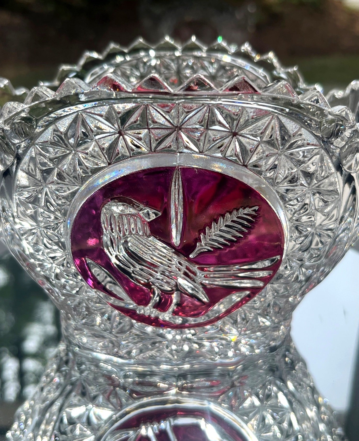 Hofbauer "Byrdes" Lead Crystal Basket Cut to Clear Ruby Red Bird Motif  w Crystal Bird on  Handle 6.5' high