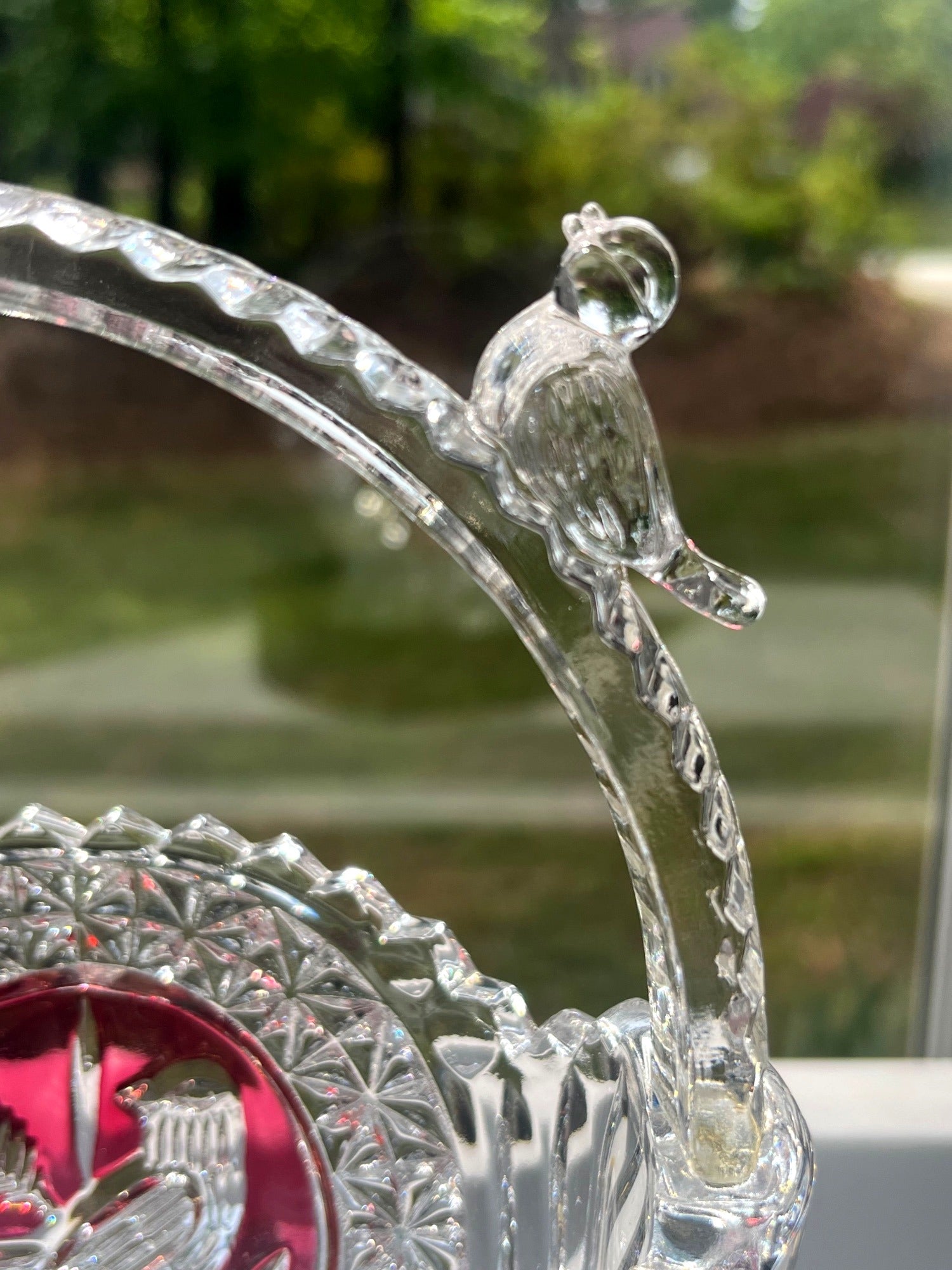 Hofbauer "Byrdes" Lead Crystal Basket Cut to Clear Ruby Red Bird Motif  w Crystal Bird on  Handle 6.5' high