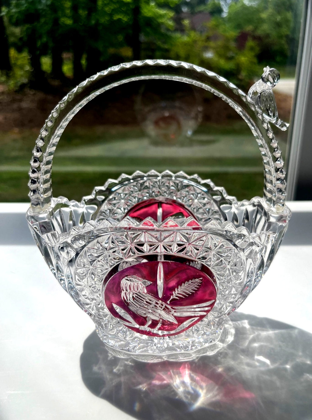 Hofbauer "Byrdes" Lead Crystal Basket Cut to Clear Ruby Red Bird Motif  w Crystal Bird on  Handle 6.5' high