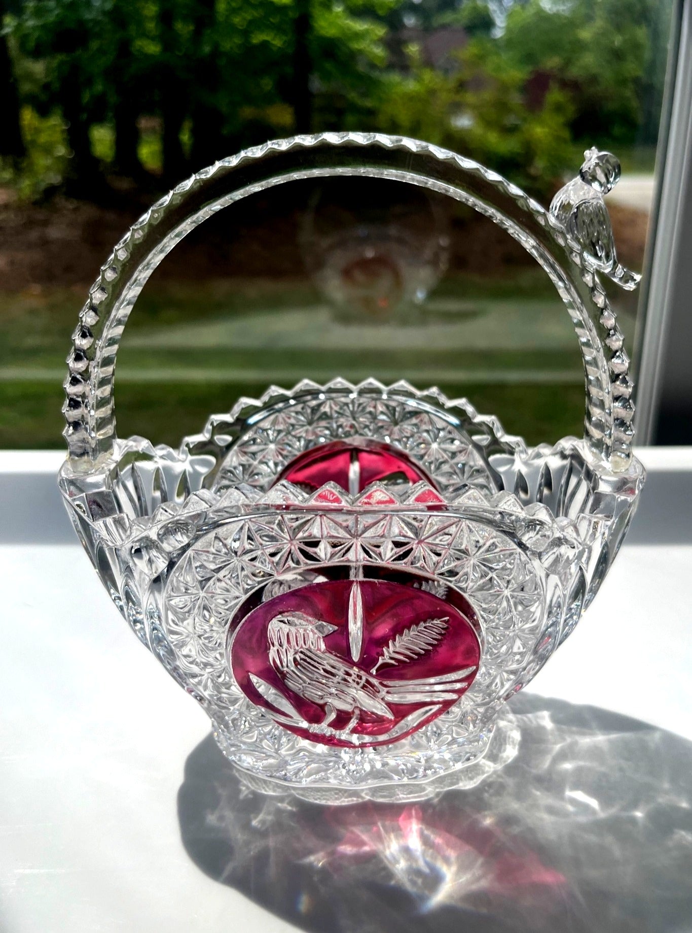 Hofbauer "Byrdes" Lead Crystal Basket Cut to Clear Ruby Red Bird Motif  w Crystal Bird on  Handle 6.5' high