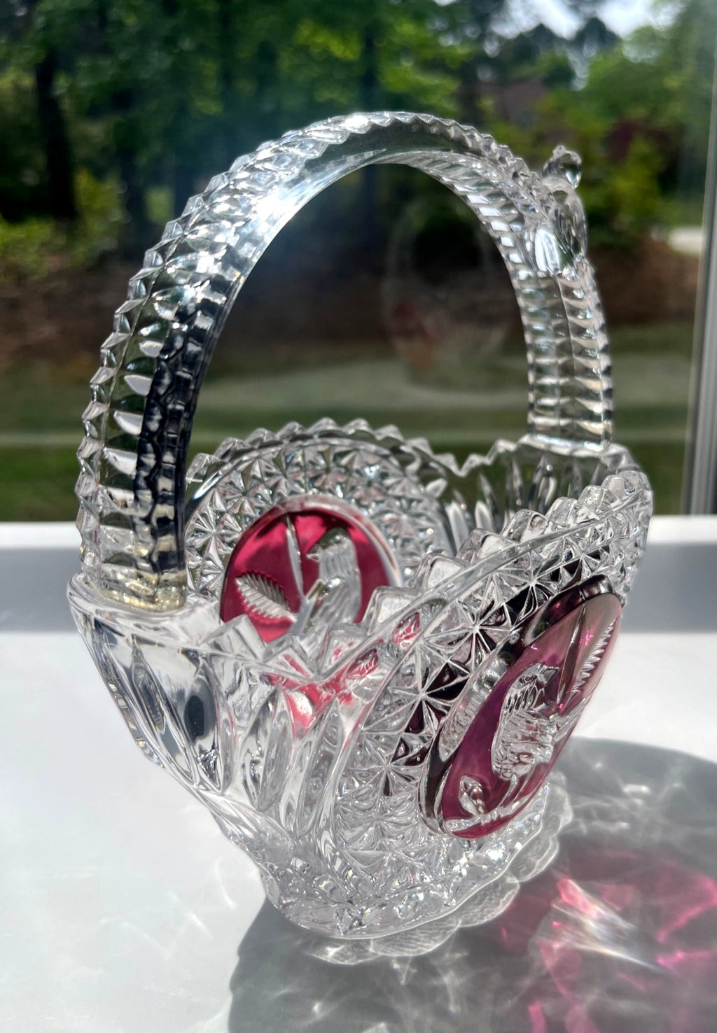 Hofbauer "Byrdes" Lead Crystal Basket Cut to Clear Ruby Red Bird Motif  w Crystal Bird on  Handle 6.5' high