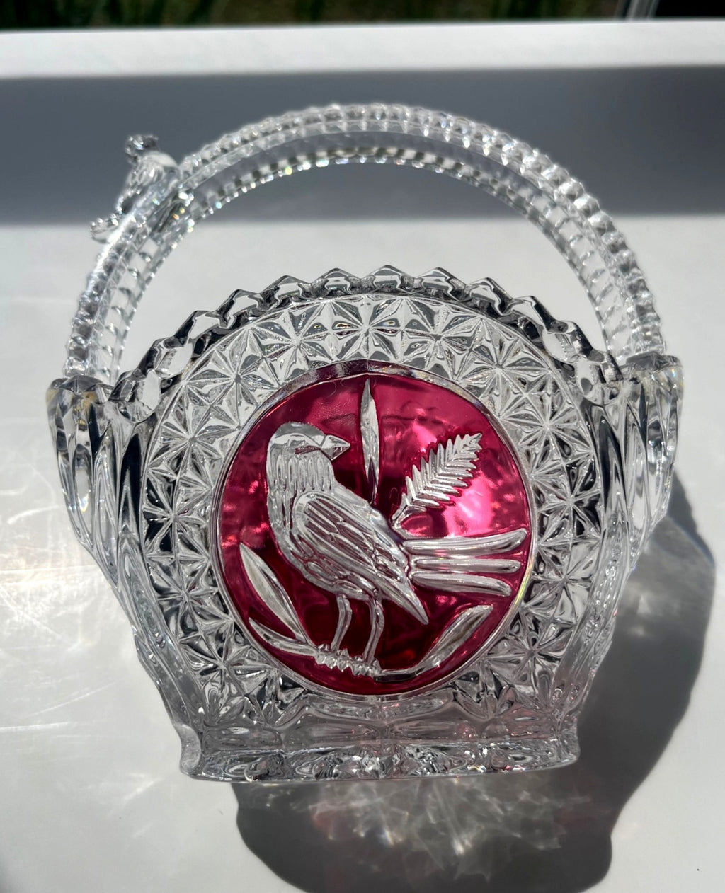 Hofbauer "Byrdes" Lead Crystal Basket Cut to Clear Ruby Red Bird Motif  w Crystal Bird on  Handle 6.5' high