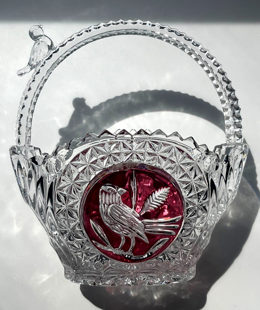 Hofbauer "Byrdes" Lead Crystal Basket Cut to Clear Ruby Red Bird Motif  w Crystal Bird on  Handle 6.5' high
