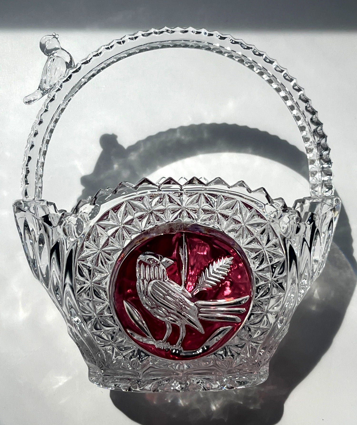 Hofbauer "Byrdes" Lead Crystal Basket Cut to Clear Ruby Red Bird Motif  w Crystal Bird on  Handle 6.5' high
