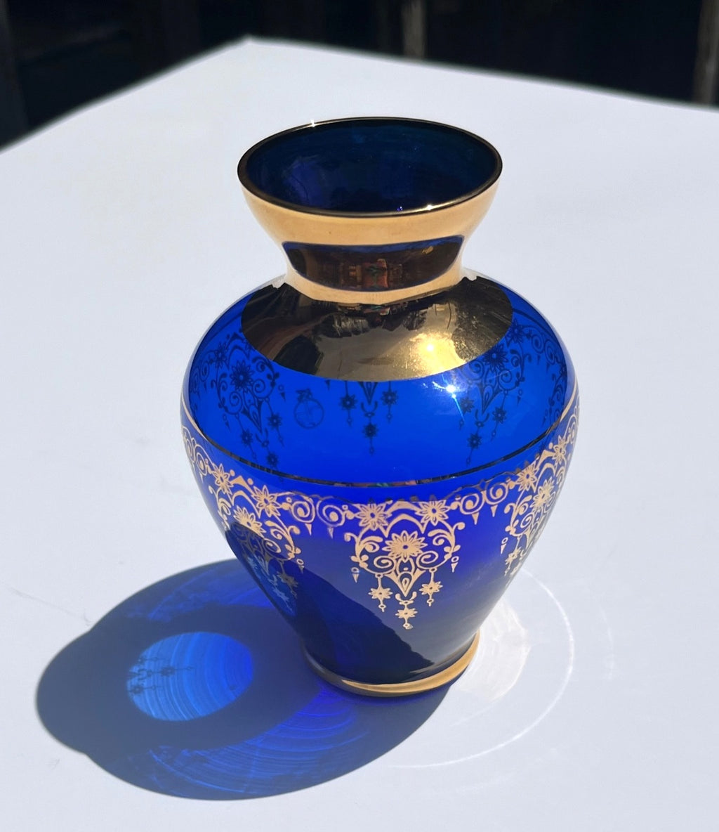 Vintage Murano Cobalt Glass Vase w 24K Gold Gilt Filigree Made in Italy 5" tall