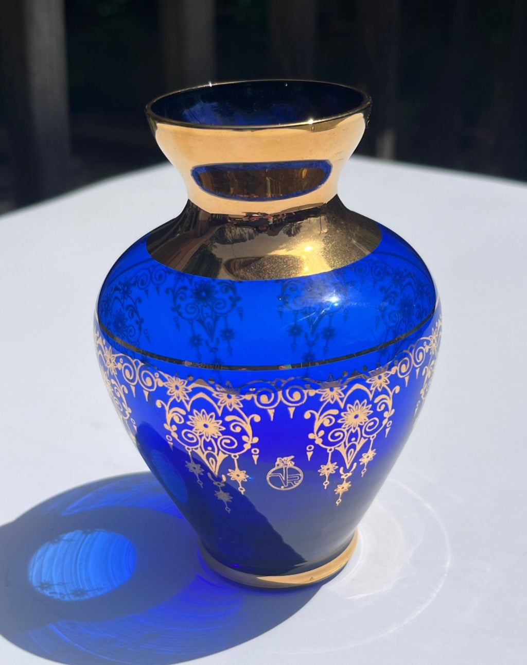 Vintage Murano Cobalt Glass Vase w 24K Gold Gilt Filigree Made in Italy 5" tall