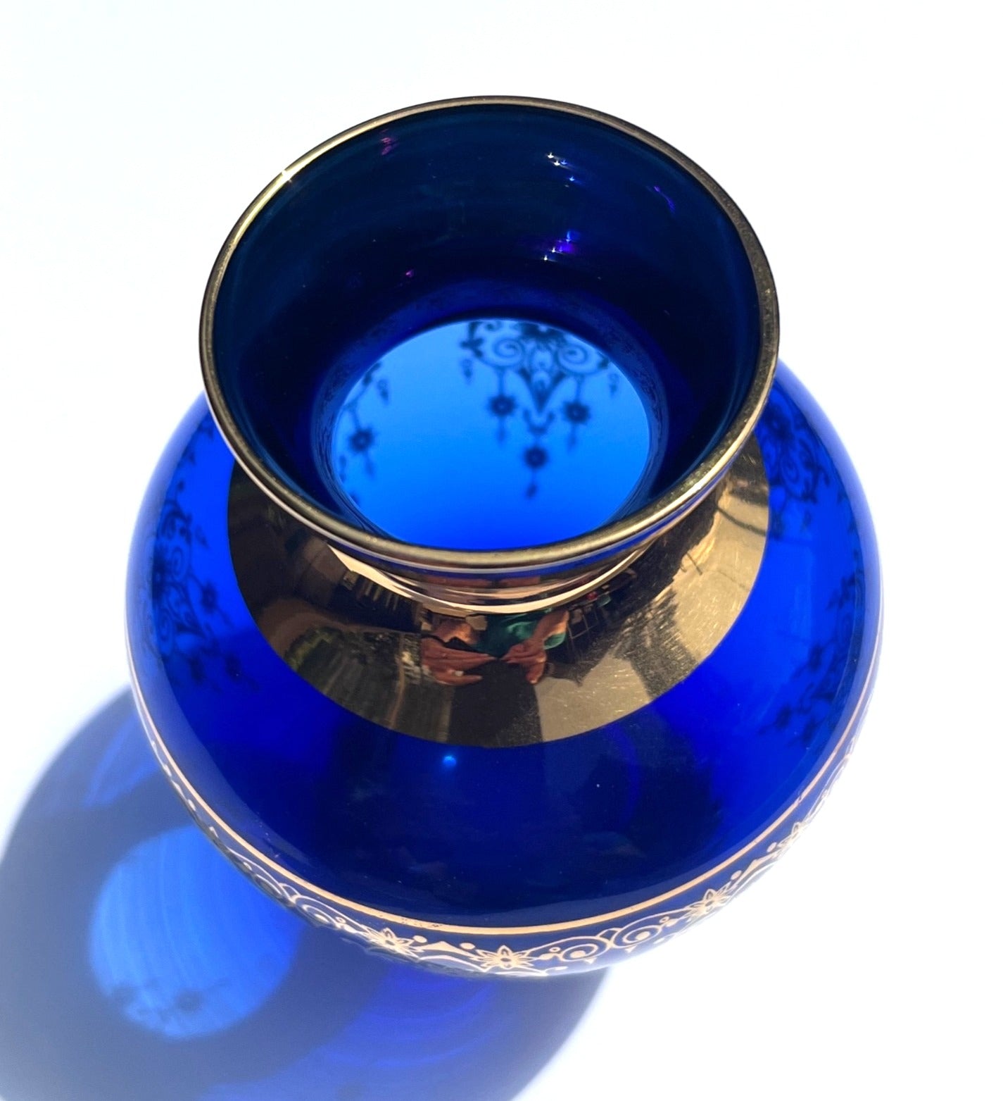 Vintage Murano Cobalt Glass Vase w 24K Gold Gilt Filigree Made in Italy 5" tall