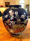 Vintage Hand-Painted Japanese Cloisonné Kutani Style  Porcelain Vase With Floral & Bird Design Gold Accents 8" high