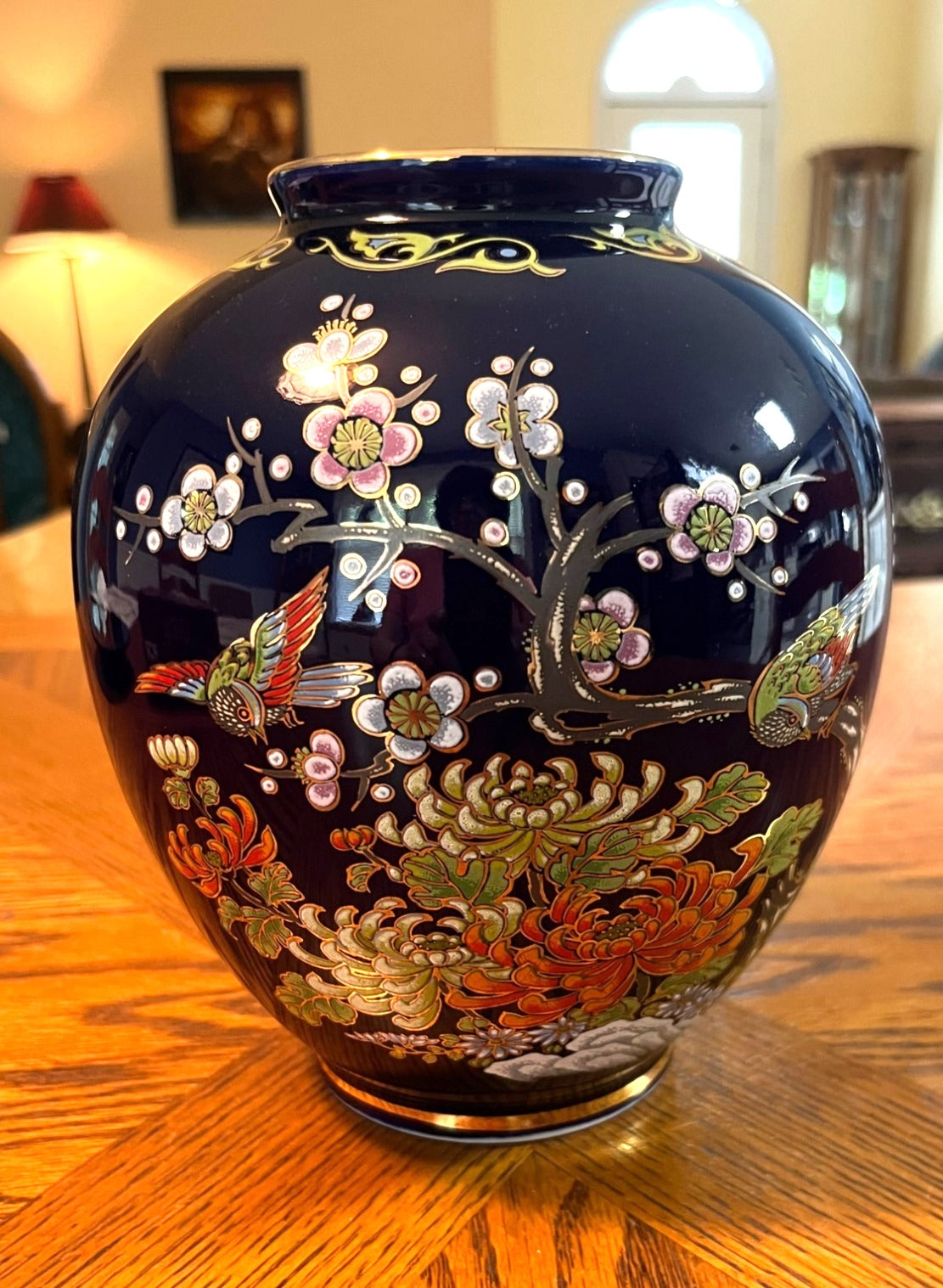 Vintage Hand-Painted Japanese Cloisonné Kutani Style  Porcelain Vase With Floral & Bird Design Gold Accents 8" high