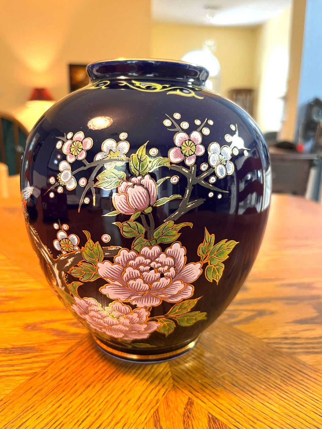 Vintage Hand-Painted Japanese Cloisonné Kutani Style  Porcelain Vase With Floral & Bird Design Gold Accents 8" high