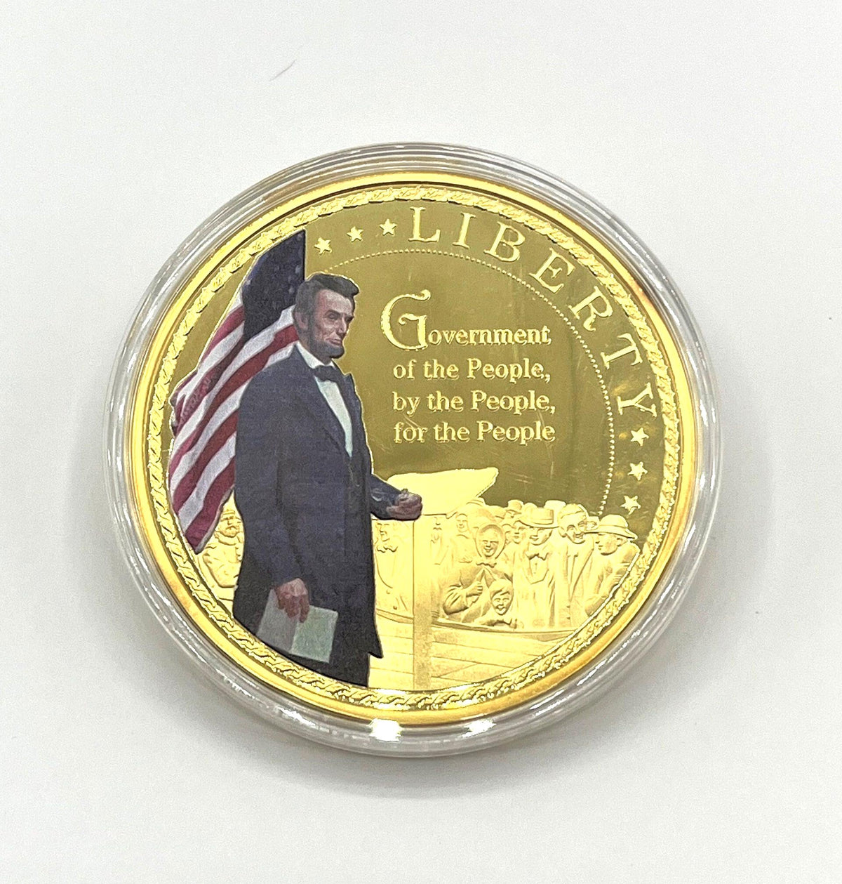 24K Gold Layered with Pad Print Colossal Gettysburg Address Commemorative Coin.  2.75"