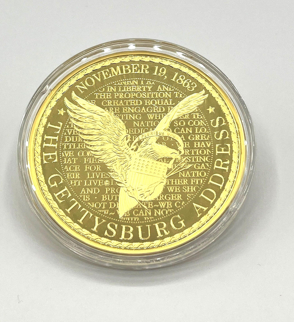 24K Gold Layered with Pad Print Colossal Gettysburg Address Commemorative Coin.  2.75"