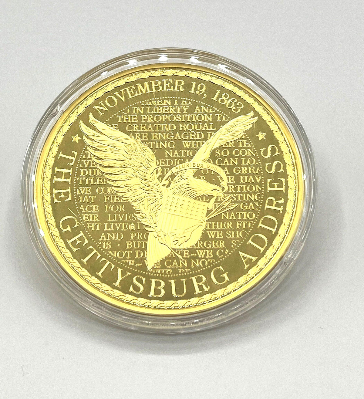 24K Gold Layered with Pad Print Colossal Gettysburg Address Commemorative Coin.  2.75"