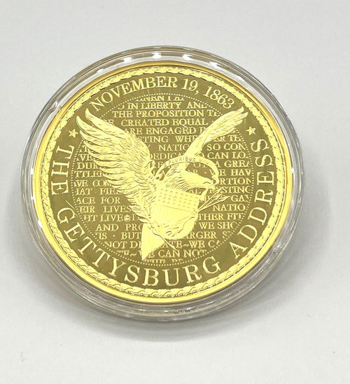 24K Gold Layered with Pad Print Colossal Gettysburg Address Commemorative Coin.  2.75"