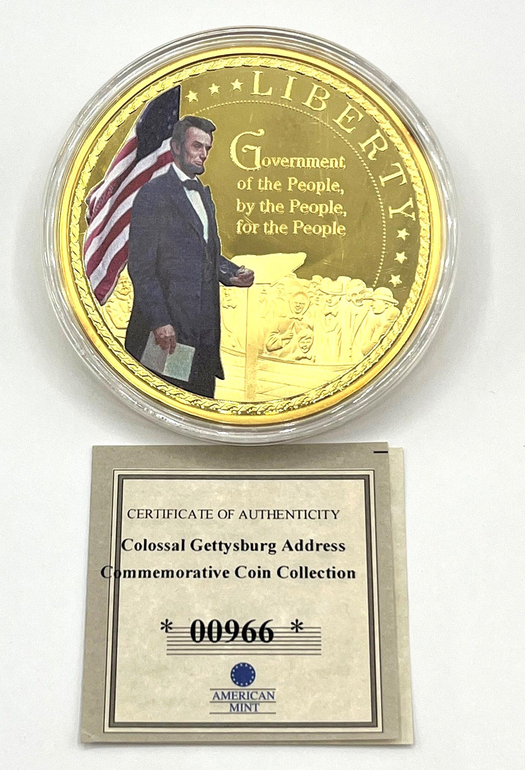 24K Gold Layered with Pad Print Colossal Gettysburg Address Commemorative Coin.  2.75"