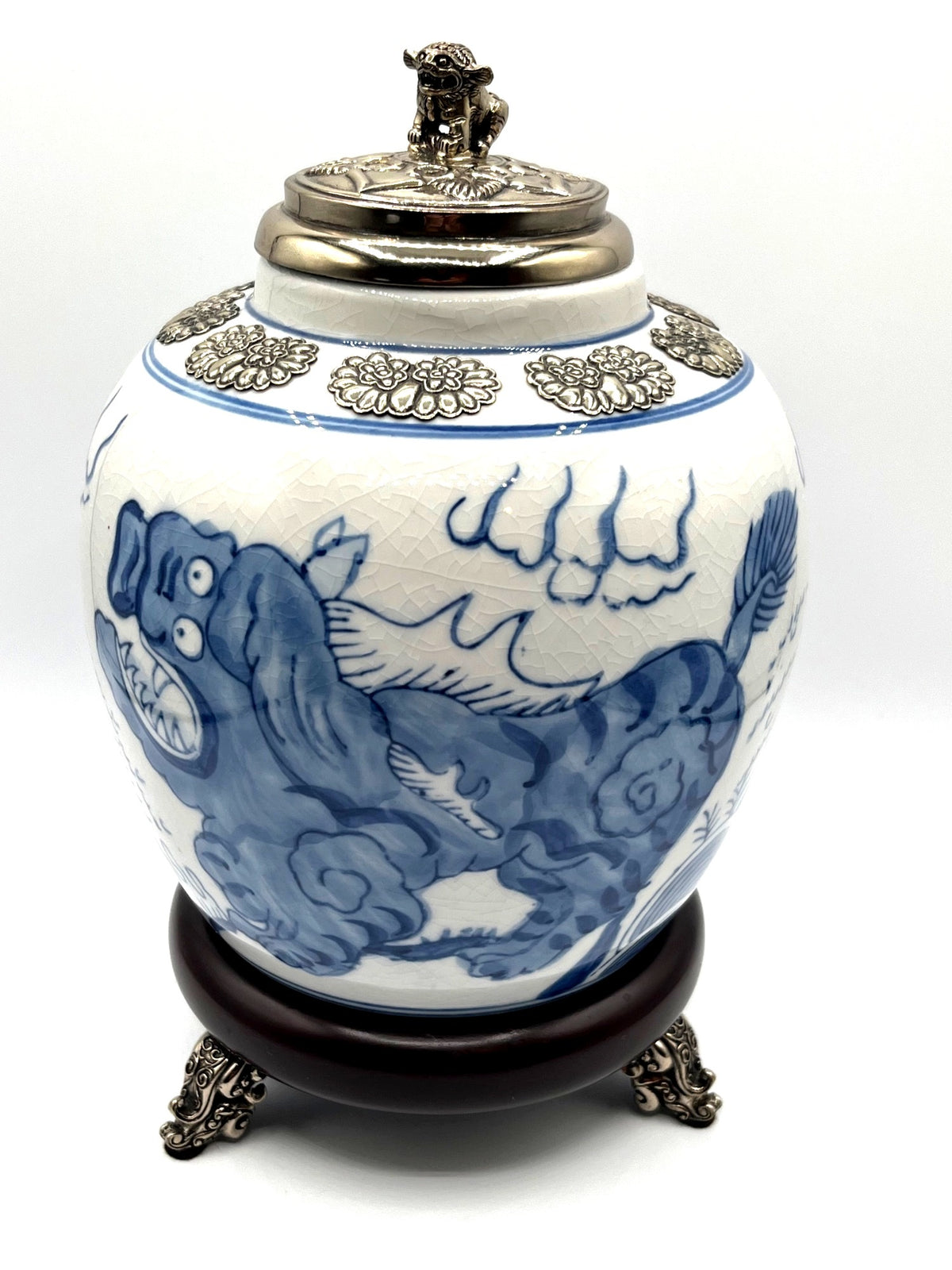 Chinese Blue & White Porcelain Jar With Silver Tone Lid & Footed Stand Foo Dog Finial Dragon Design