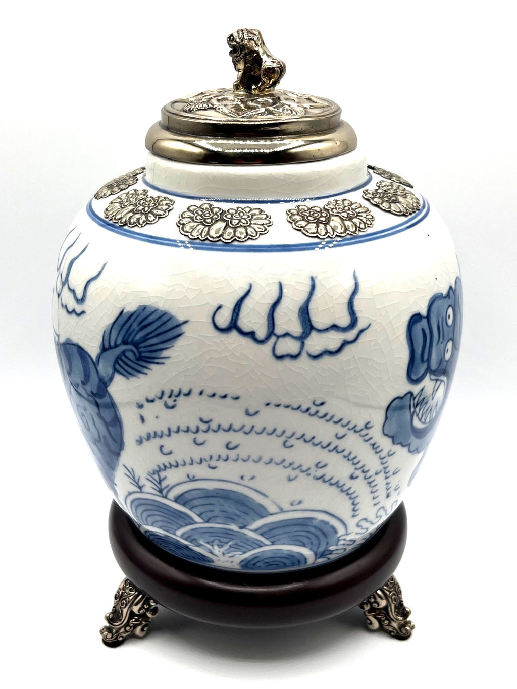 Chinese Blue & White Porcelain Jar With Silver Tone Lid & Footed Stand Foo Dog Finial Dragon Design
