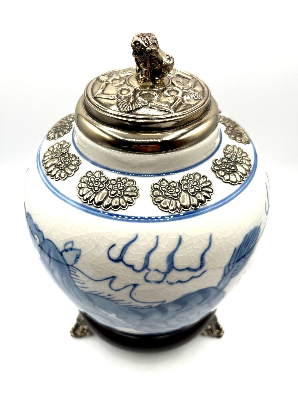 Chinese Blue & White Porcelain Jar With Silver Tone Lid & Footed Stand Foo Dog Finial Dragon Design