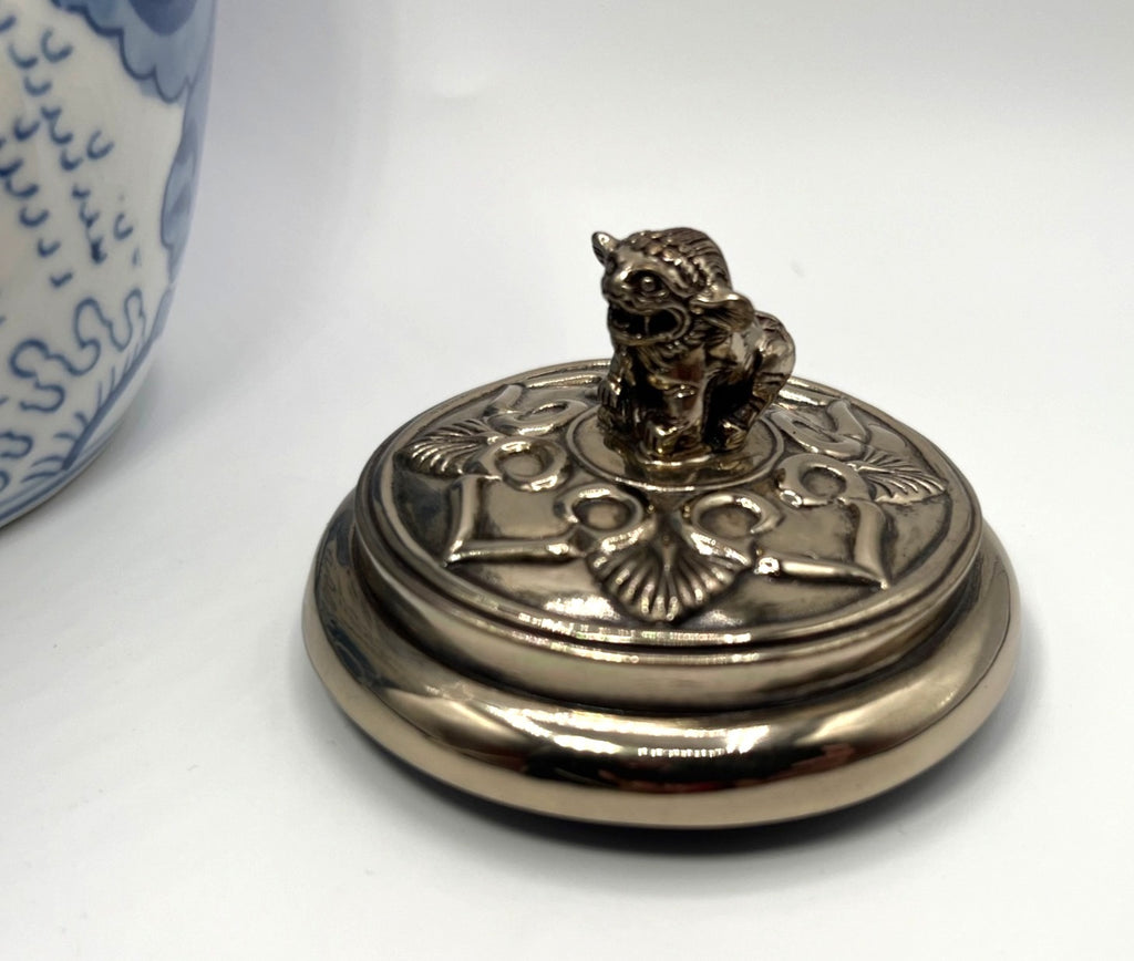 Chinese Blue & White Porcelain Jar With Silver Tone Lid & Footed Stand Foo Dog Finial Dragon Design