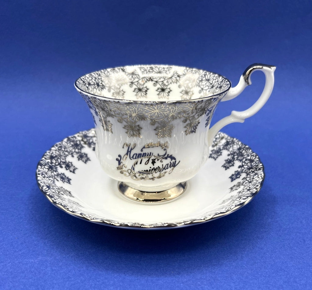 Royal Albert Happy Anniversary Tea Cup & Saucer Bone China England White Silver Design
