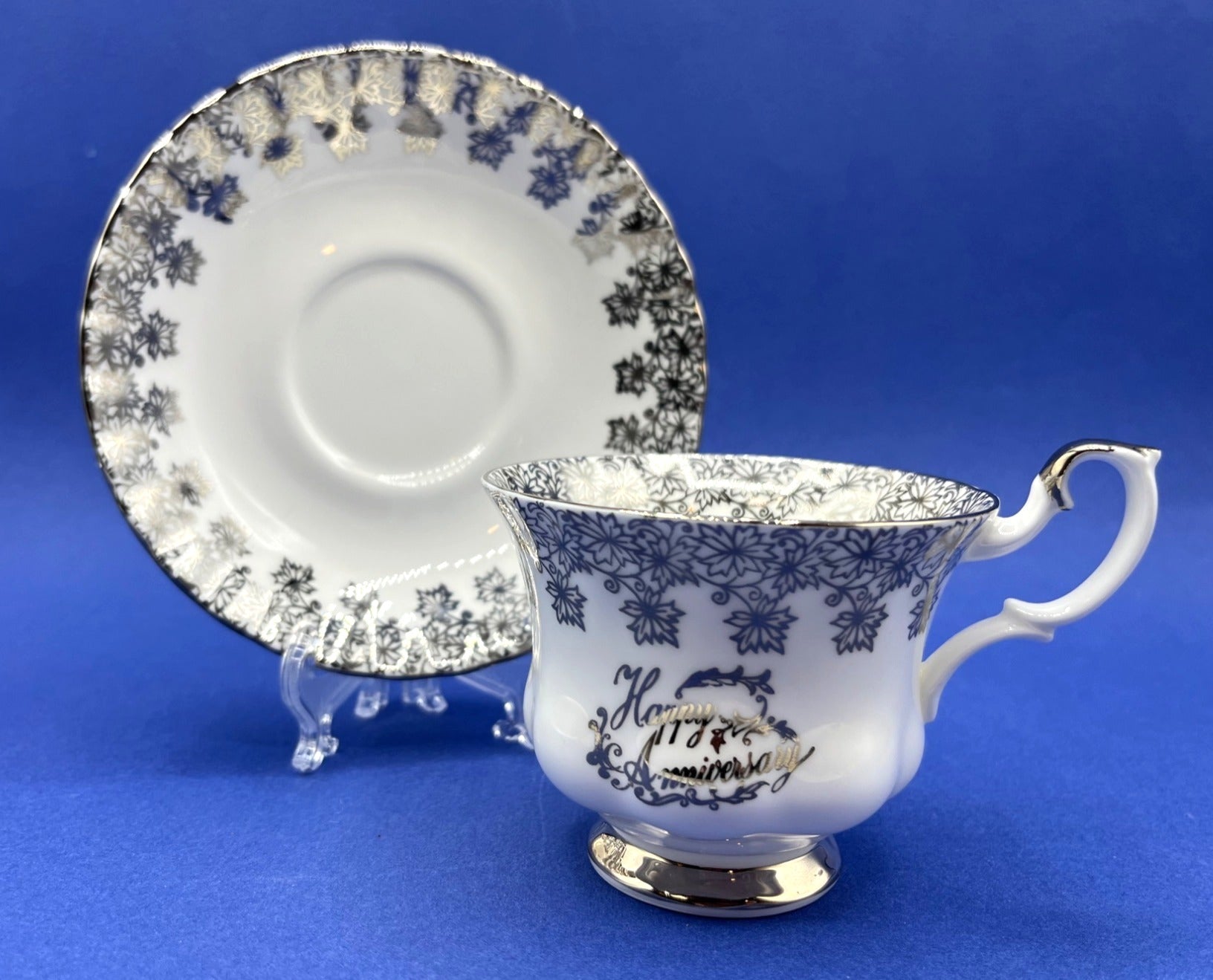 Royal Albert Happy Anniversary Tea Cup & Saucer Bone China England White Silver Design