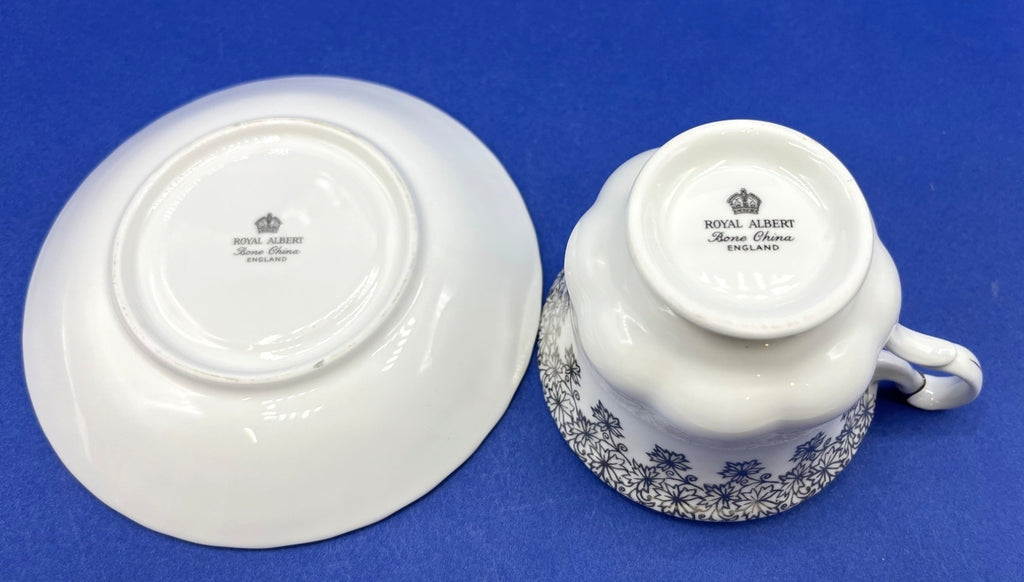 Royal Albert Happy Anniversary Tea Cup & Saucer Bone China England White Silver Design