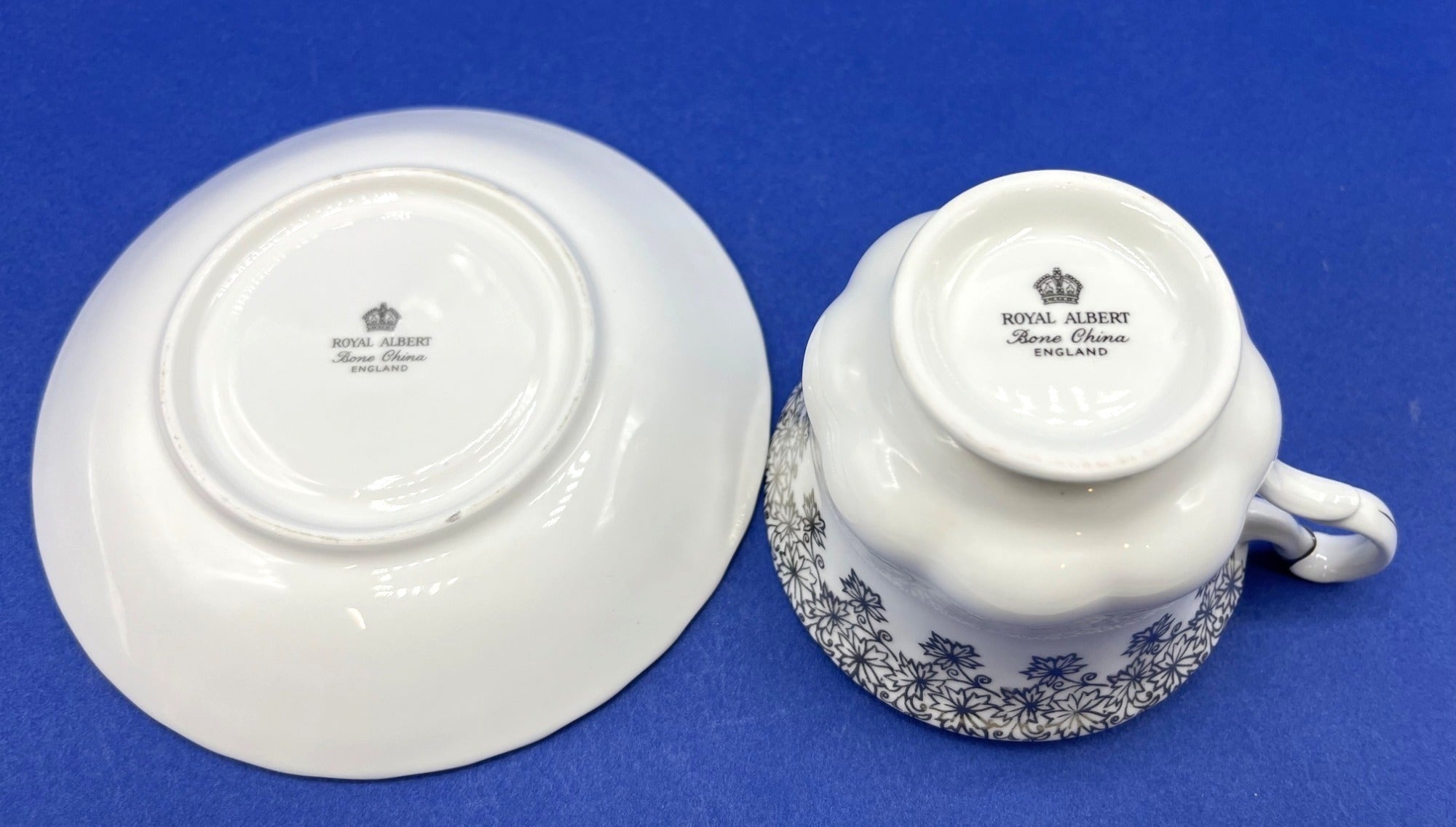 Royal Albert Happy Anniversary Tea Cup & Saucer Bone China England White Silver Design