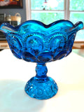 Vintage Blue LE Smith Moon and Stars Glass Compote Pedestal Dish 7" tall