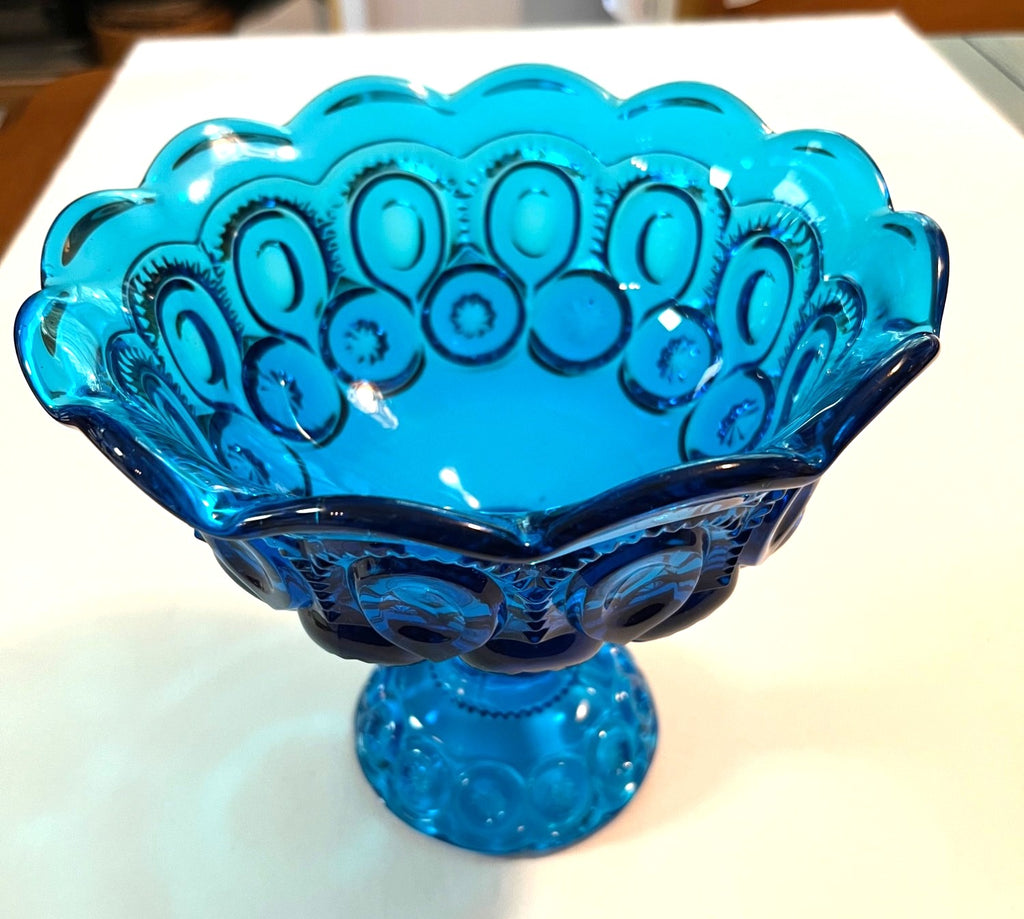 Vintage Blue LE Smith Moon and Stars Glass Compote Pedestal Dish 7" tall