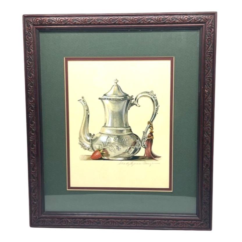 Framed "Silver Teapot With Strawberry" Art Print Signed By Sandy Lynam Clough 14" x 16"