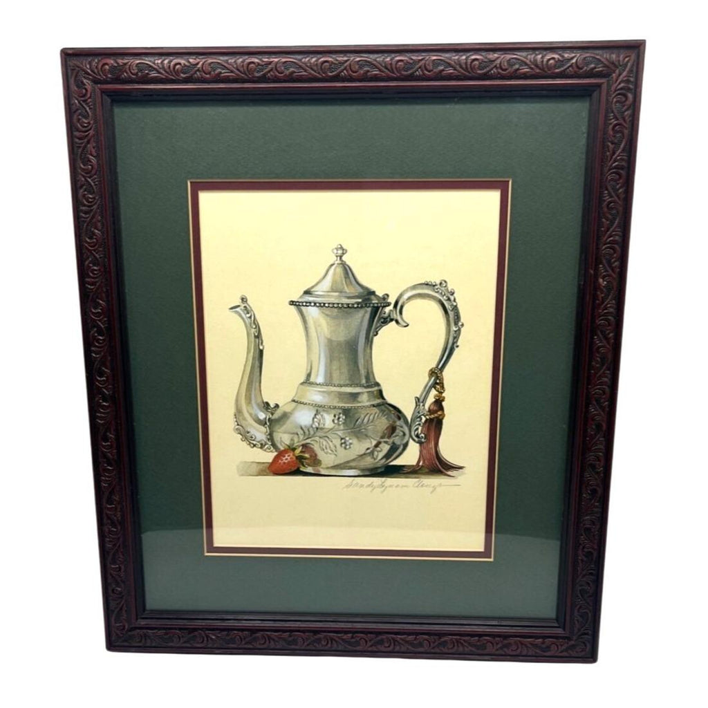 Framed "Silver Teapot With Strawberry" Art Print Signed By Sandy Lynam Clough 14" x 16"