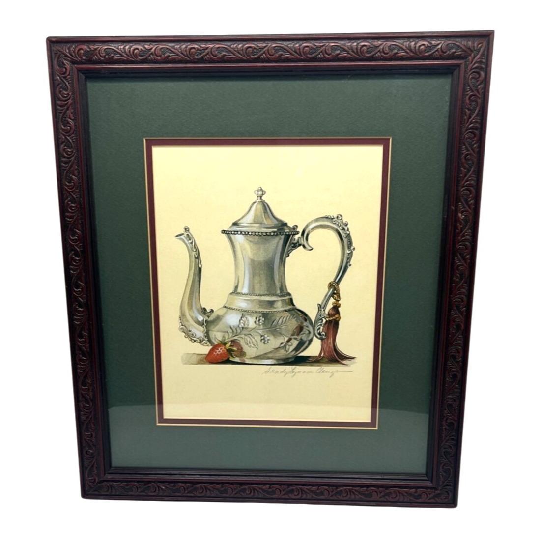 Framed "Silver Teapot With Strawberry" Art Print Signed By Sandy Lynam Clough 14" x 16"