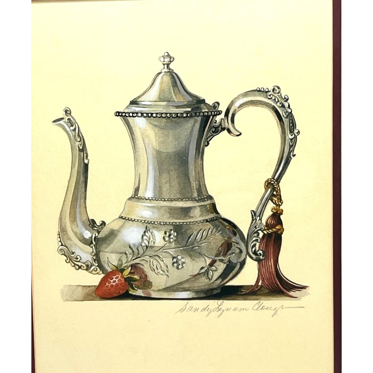 Framed "Silver Teapot With Strawberry" Art Print Signed By Sandy Lynam Clough 14" x 16"