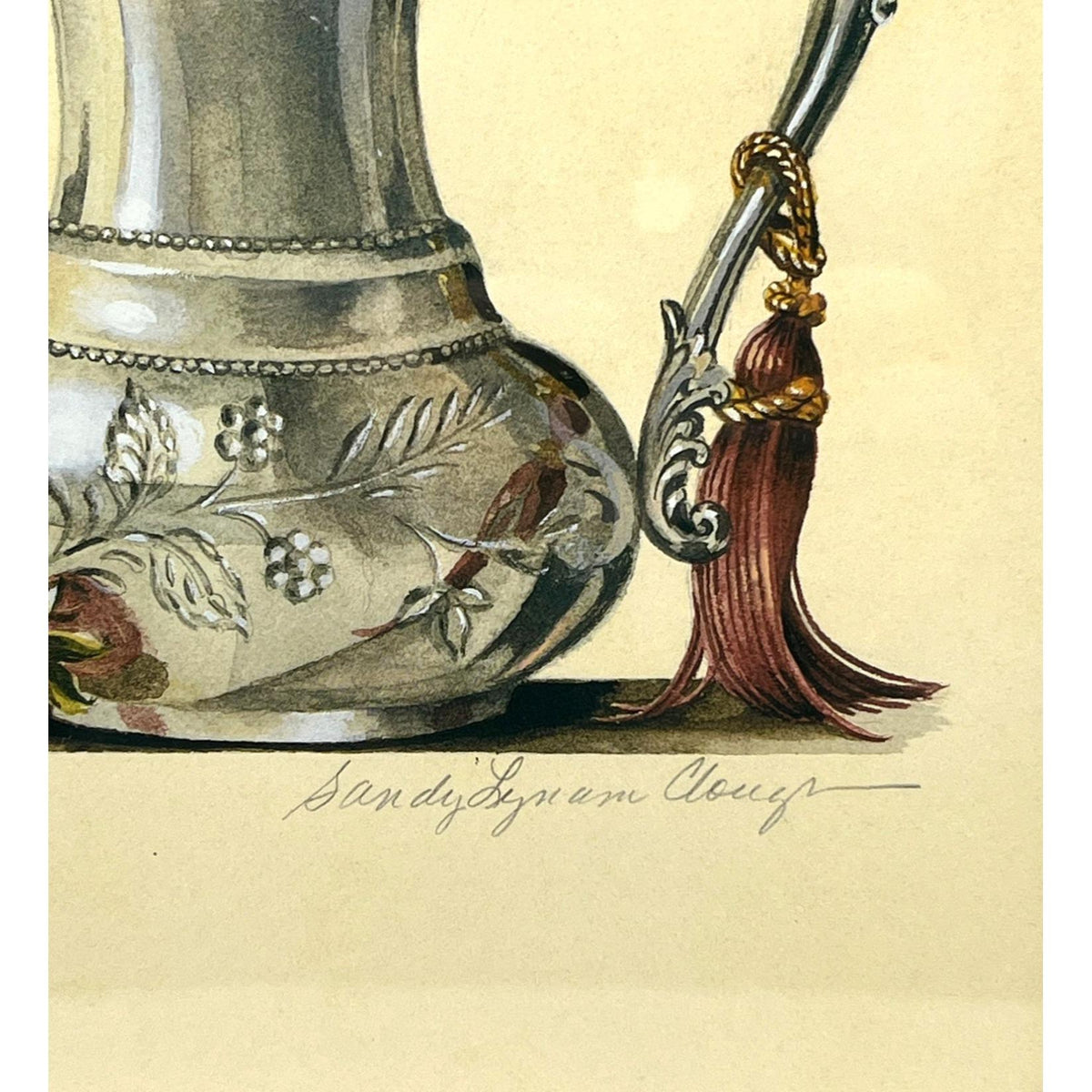Framed "Silver Teapot With Strawberry" Art Print Signed By Sandy Lynam Clough 14" x 16"